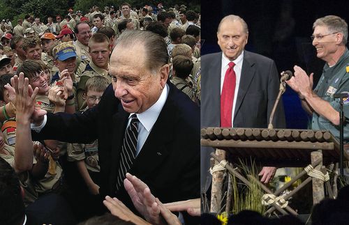 Thomas S. Monson with Scouts and with Scout leader