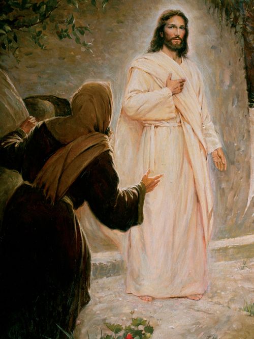 One oil painting of Mary seeing the resurrected Christ. The tomb is in the background, Mary is seen dressed in brown, her back to the viewer. Christ is seen with marks on his hands, dressed in a white robe.