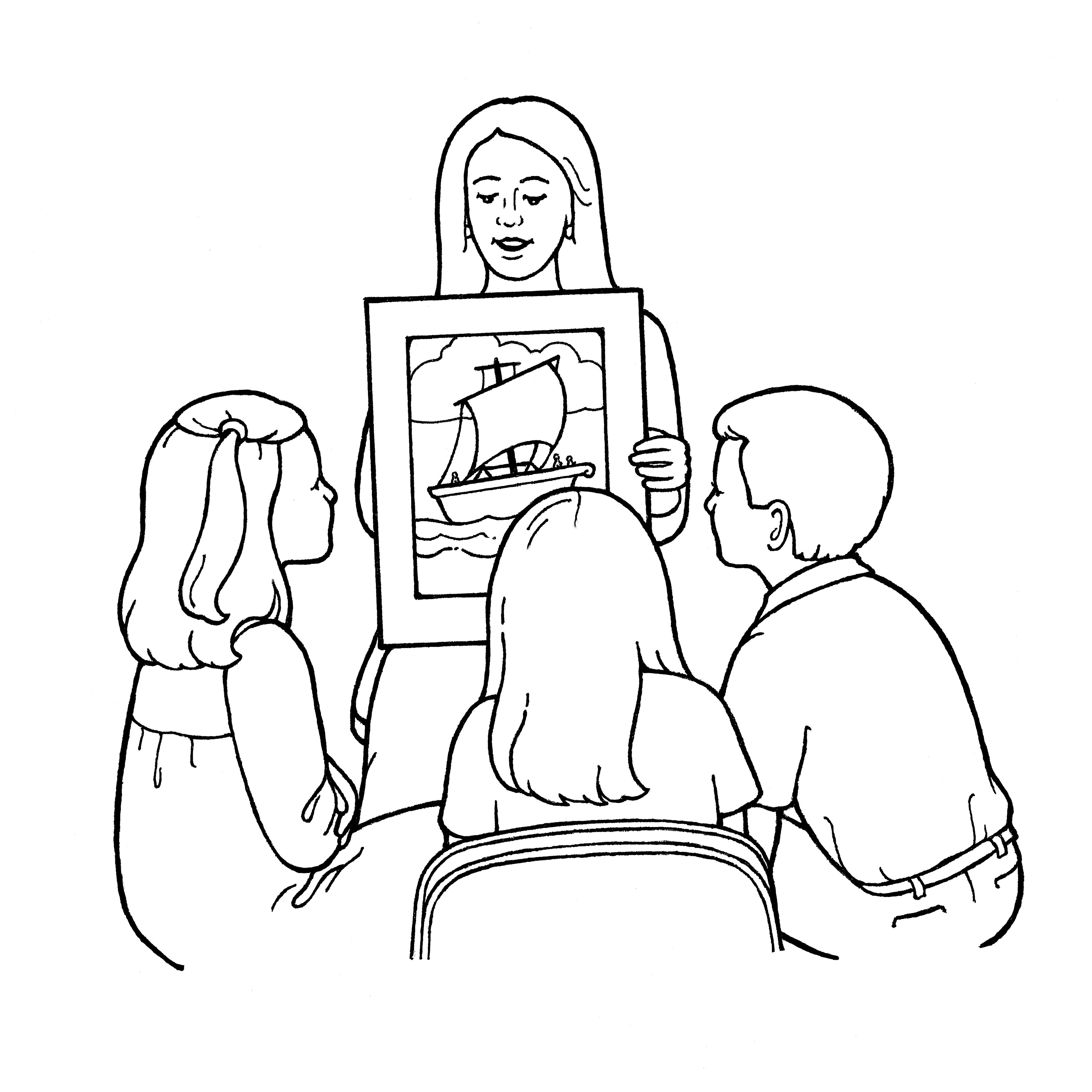 An illustration of a Primary teacher giving a lesson to the children using a picture of a boat.