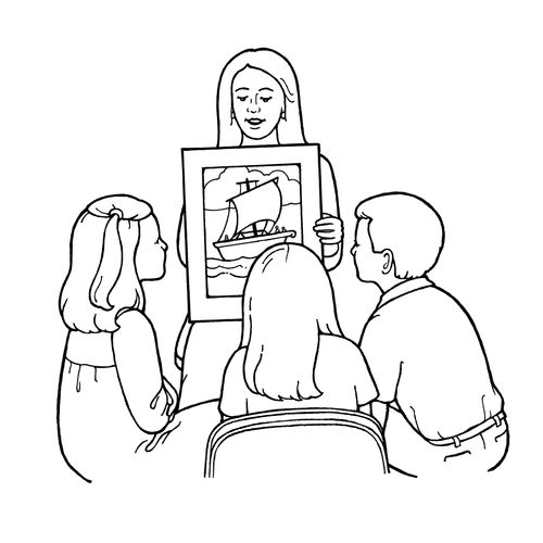 A black-and-white illustration of a Primary teacher showing a picture of a boat to three children.