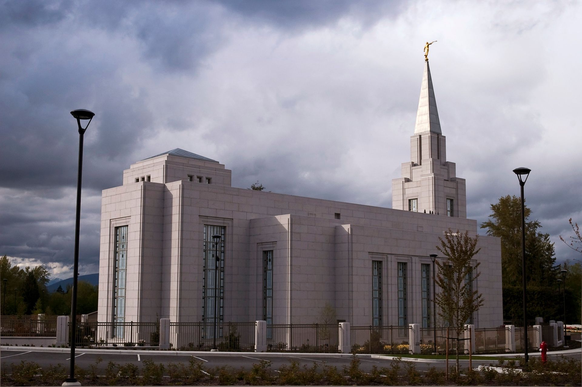 The entire Vancouver British Columbia Temple during a storm, including the windows and scenery.