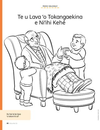 coloring page of boy giving drink to grandpa
