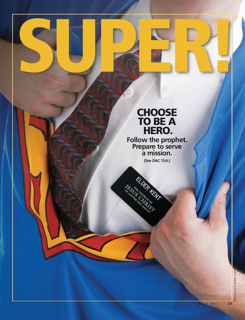 A conceptual photograph of a missionary taking off a superhero shirt to reveal missionary attire, paired with the word “Super!”