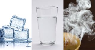 ice cubes, water, and steam