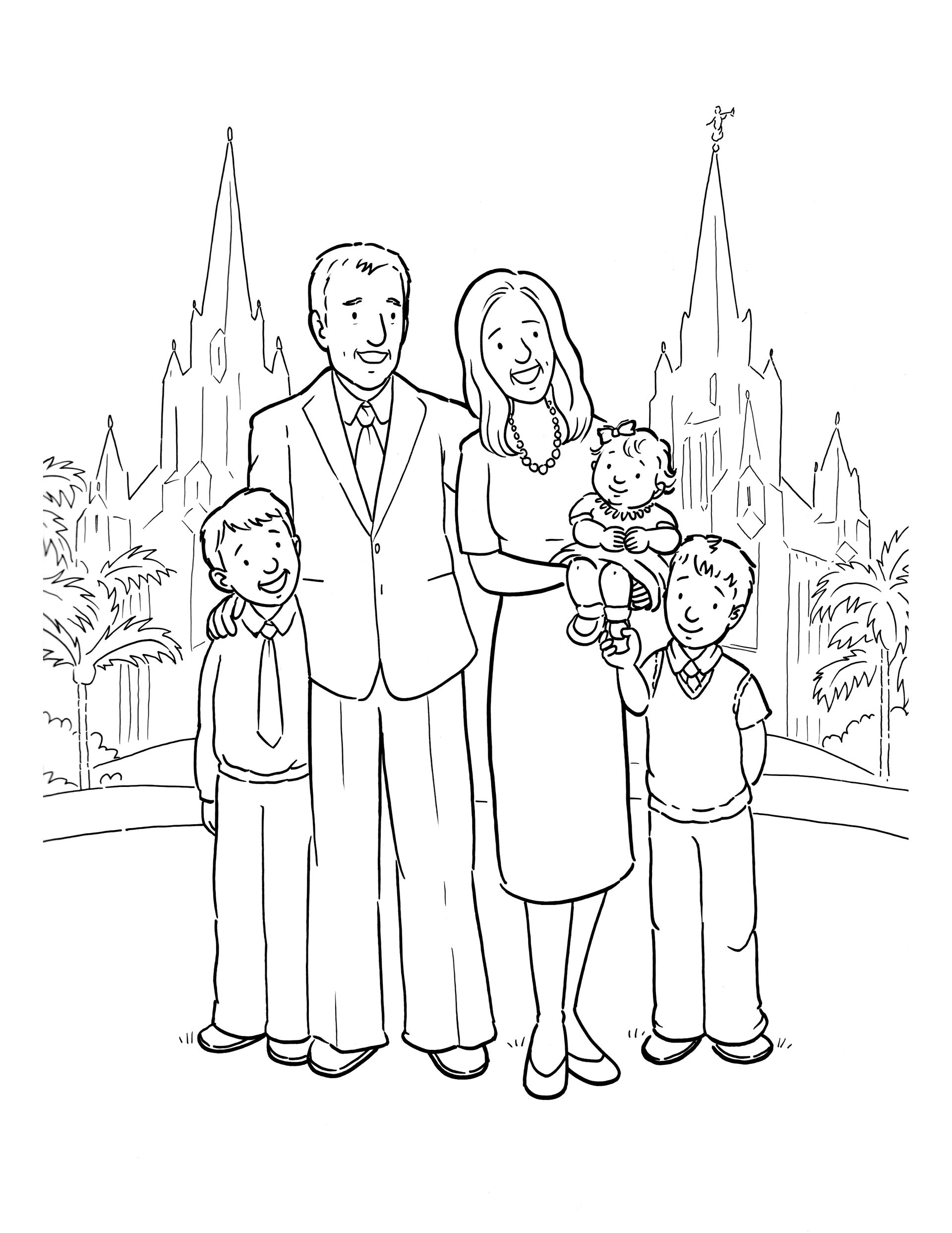 A family of five stands together in front of the San Diego California Temple.