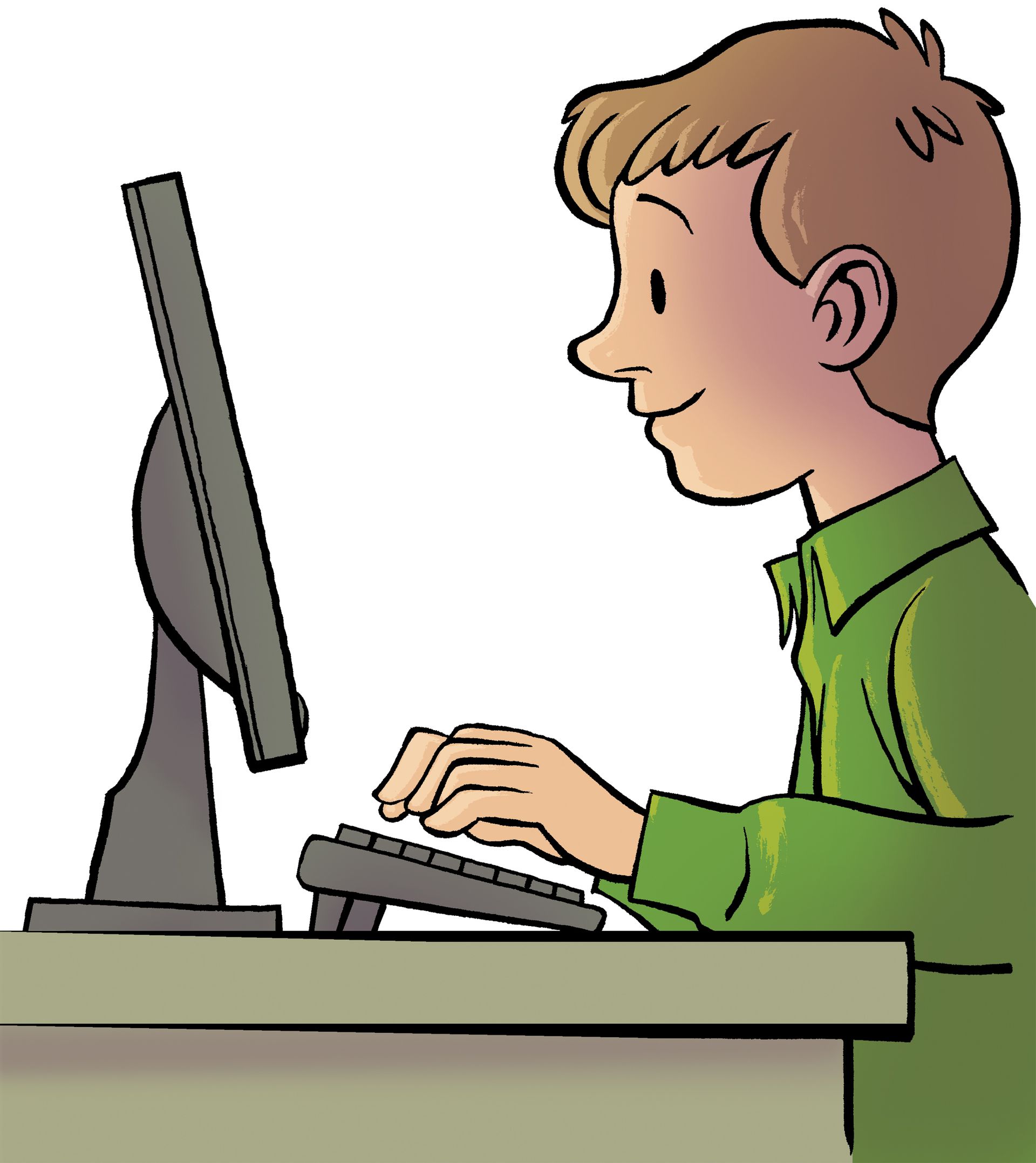 A boy sits and types at his computer.