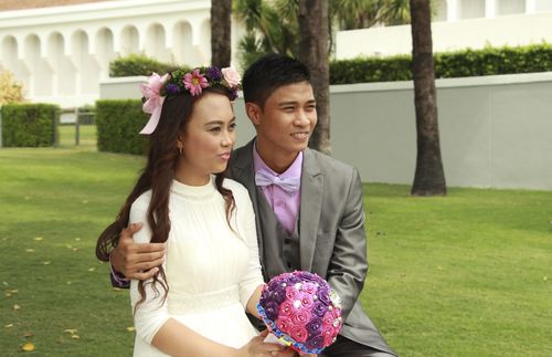 Couple outside temple