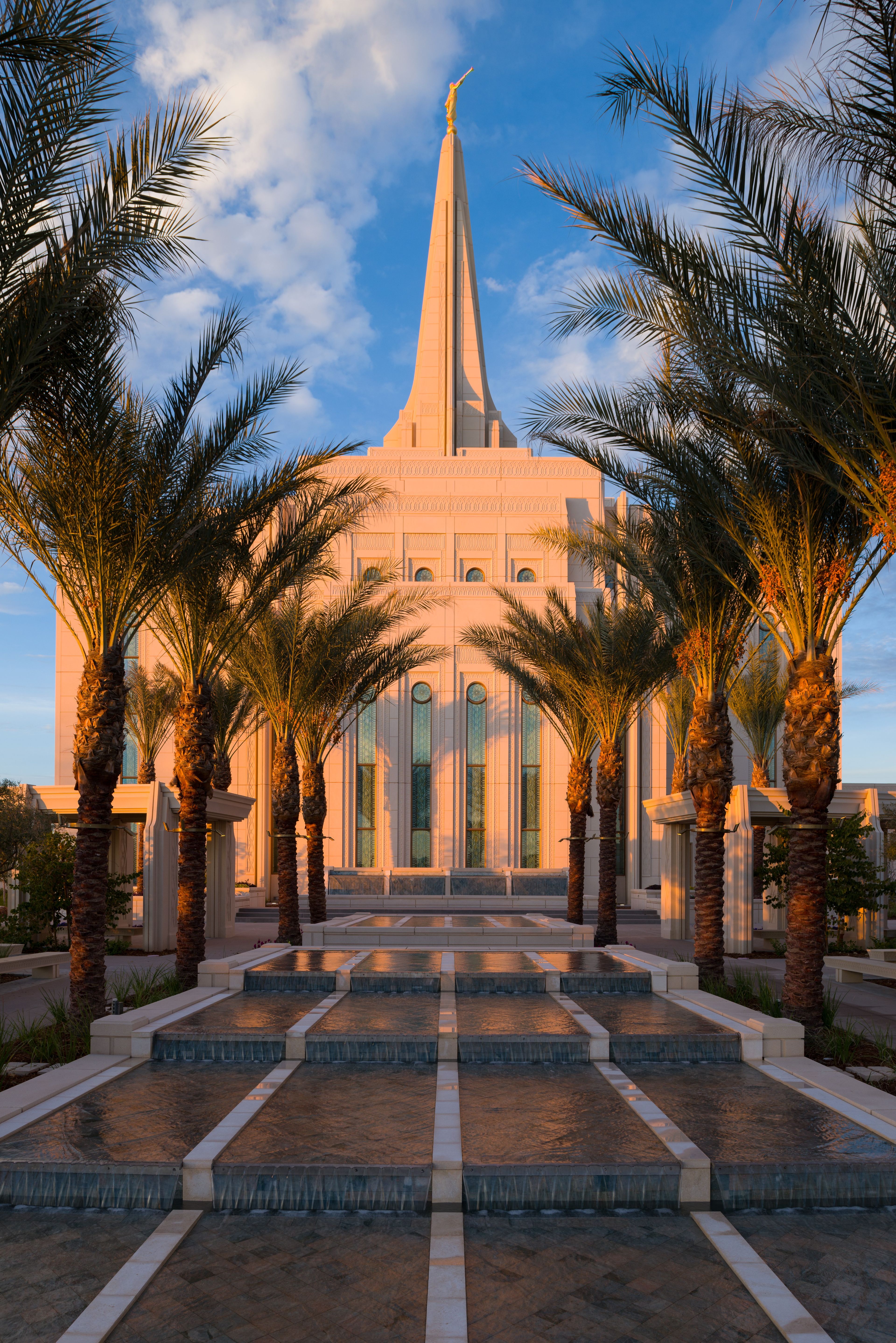A portrait of the fountain on the grounds of the Gilbert Arizona Temple.