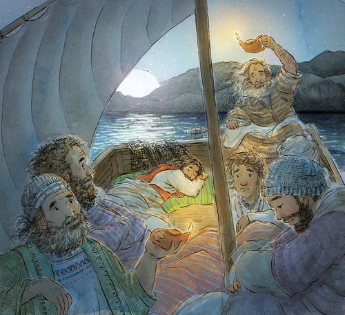Ježiš Kristus spí na lodi, zatiaľ čo sa Jeho učeníci pozerajú na more