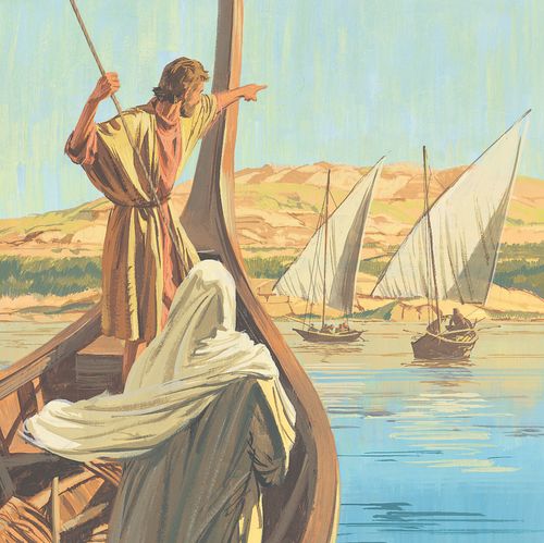 The people who had been fed the loaves and fishes follow Jesus in boats to Capernaum - ch.30-1