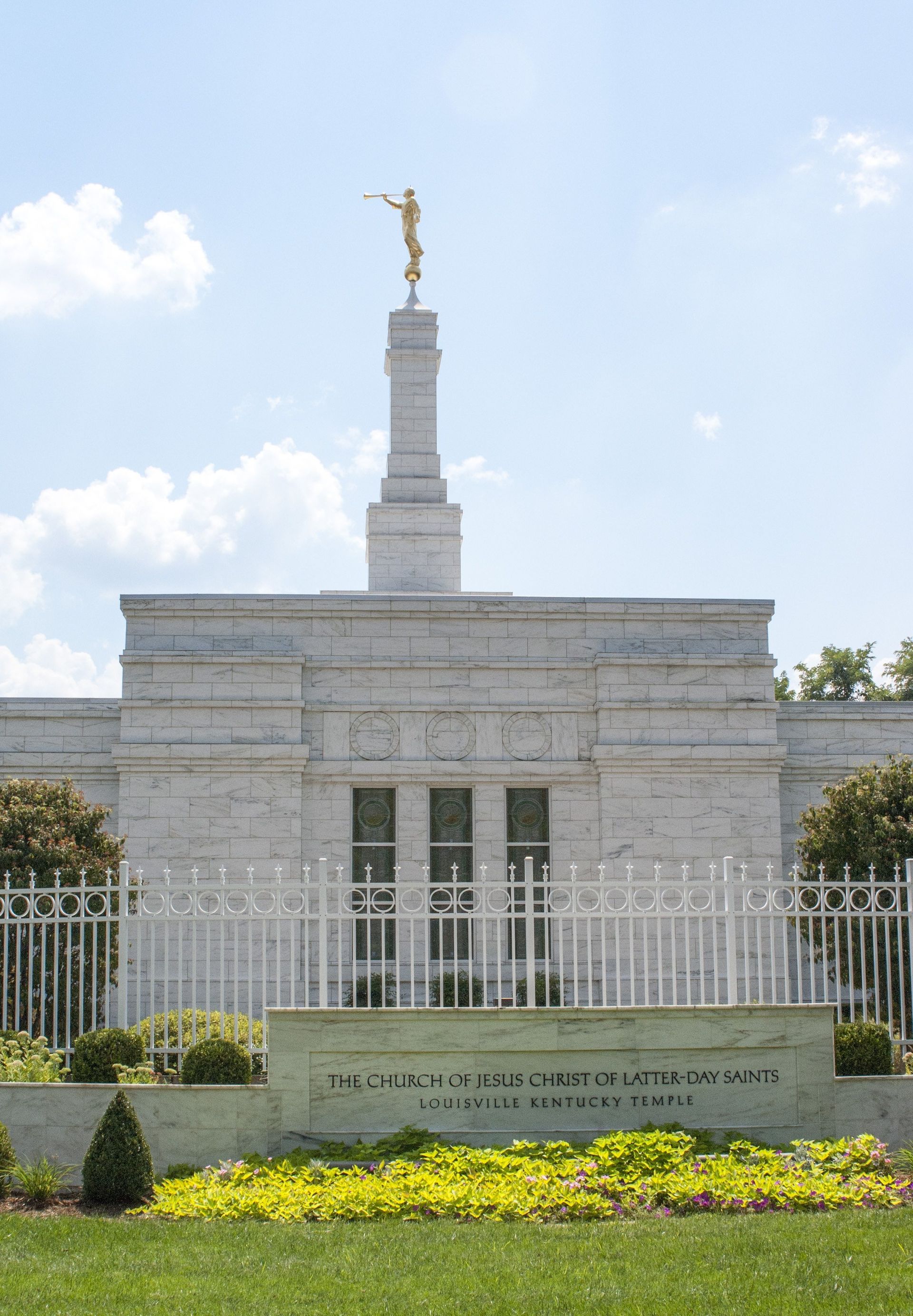 The Louisville Kentucky Temple name sign, including the exterior of the temple.