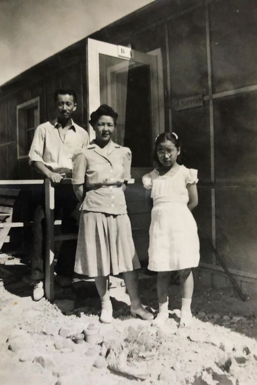 June with her father and mother at Topaz internment camp