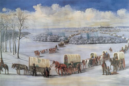 A painting by Grant Romney Clawson depicting a large group of pioneers crossing the frozen Mississippi River.