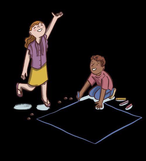 two kids drawing a chalk square