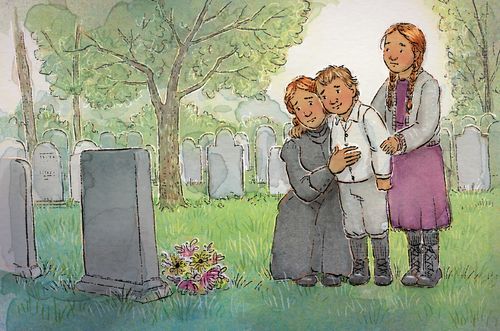 pioneer family in front of a gravestone