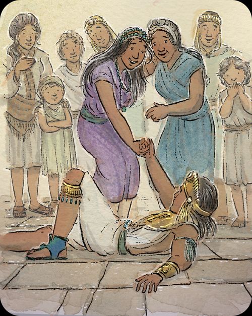 Illustrations depicting the story of Abish in the Book of Mormon