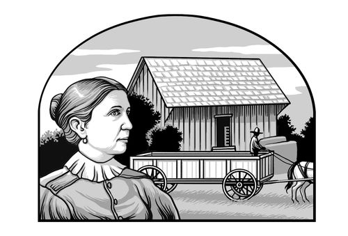Elderly woman in front of a horse-drawn wagon and storehouse