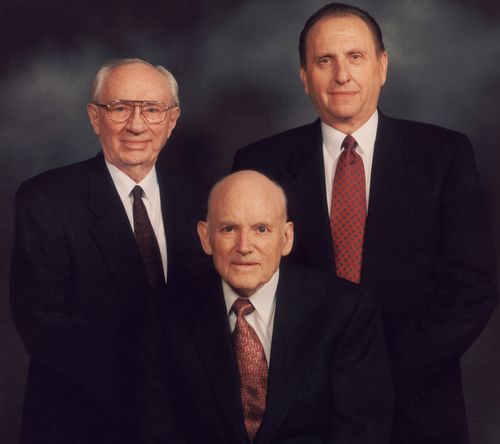 The First Presidency in 1994: President Howard W. Hunter in the center with his counselors, President Gordon B. Hinckley and President Thomas S. Monson, on either side of him.