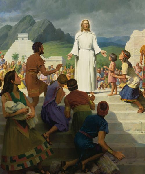 Jesus Christ stands in white robes on a flight of outdoor steps while Book of Mormon–era people gather around to look at the wounds in His hands.