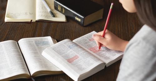 A young woman reads and studies the scriptures. She has the Book of Mormon in both Spanish and English, and a Holy Bible on a table.