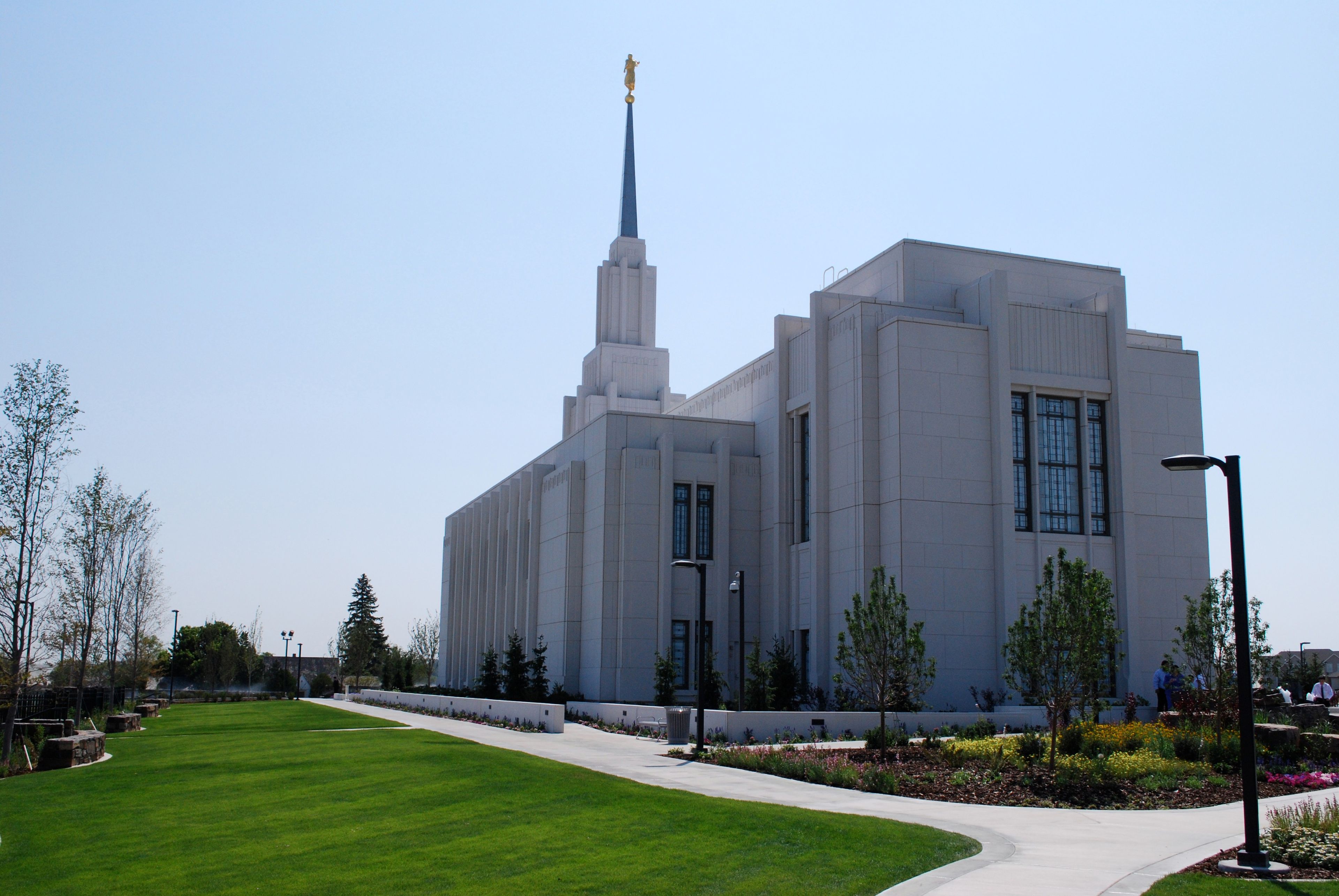 The Twin Falls Idaho Temple west side, including the windows, spire, and scenery.