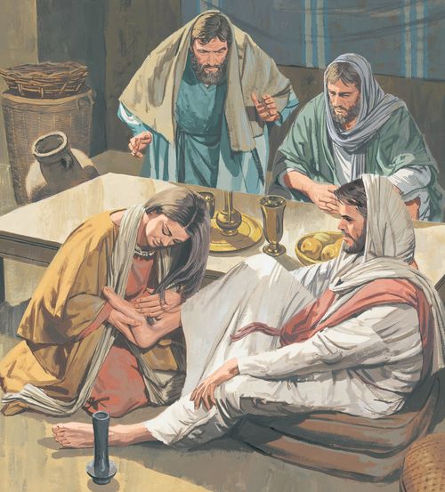 A woman kneels at the Savior's feet and washes them with her tears - The Pharisee thinks the Savior should not let the sinful woman touch Him - ch.23-3