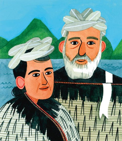 coutout card of Maori chief and his wife