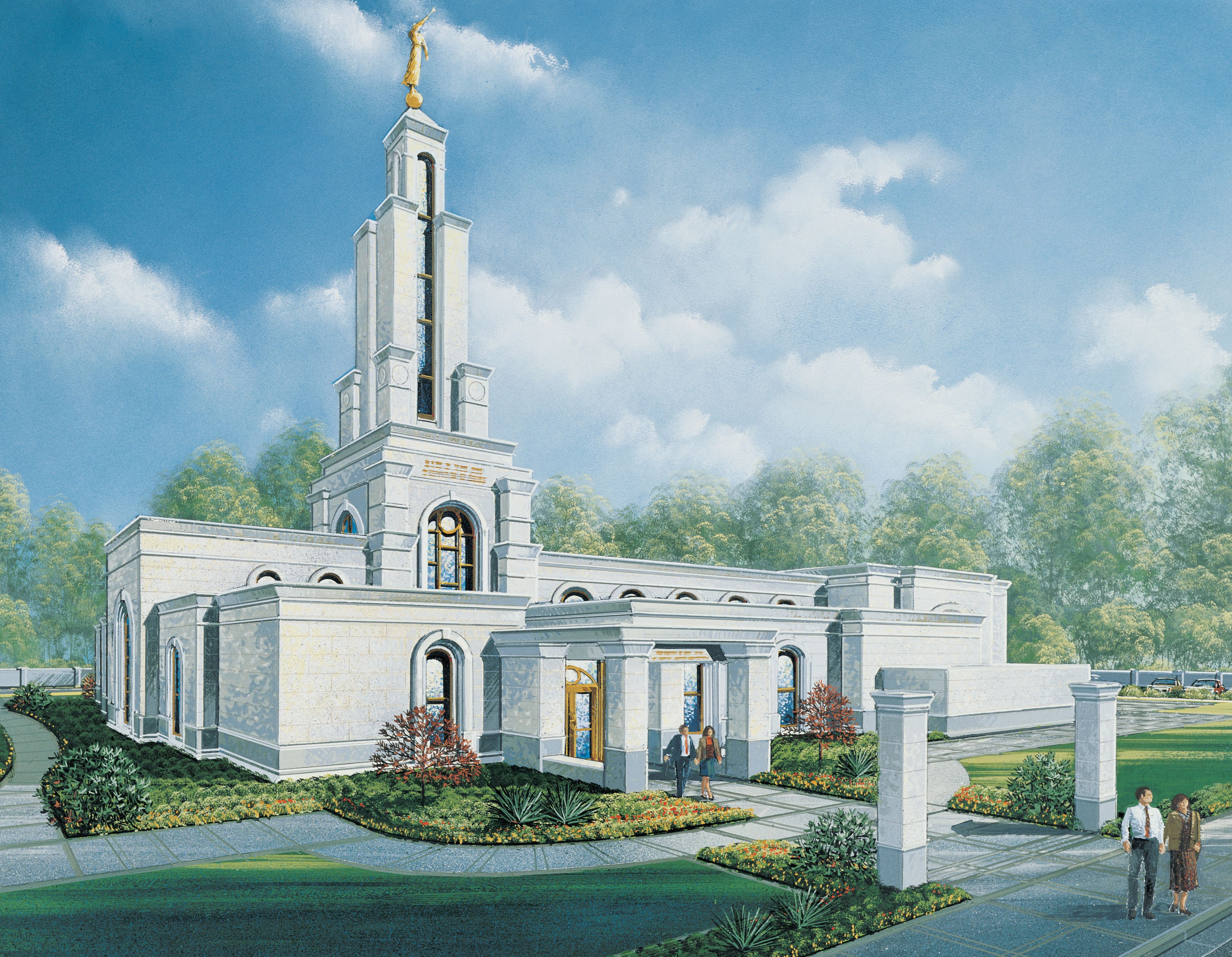 An artist’s rendition of the Lubbock Texas Temple, including the entrance and scenery.
