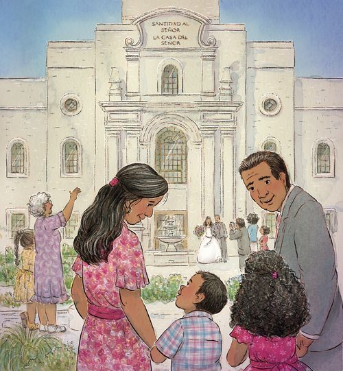 a family stonding together in front of the temple