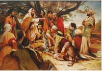 One oil painting on wooden panel.  Depicts Jesus instructing the Twelve in a rocky landscape beneath a tree.  The light suggests early evening.  Rmenamts of a small campfire are evident.  Jesus extends his right arm while the standing and sitting apostles look at him with a variety of expressions and assumed poses.  The subject and title are taken form Matthew Chapter 10.