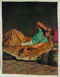 Book of Mormon prophet Alma the Younger depicted lying on a bed. He is just waking up from being struck dumb and repenting of his sins. Alma has his hand against his head.