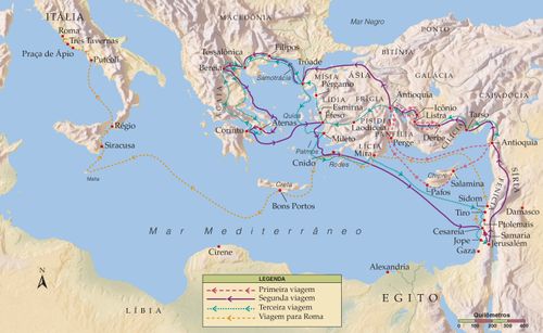 Mapa da Bíblia. As viagens missionárias do apóstolo Paulo.