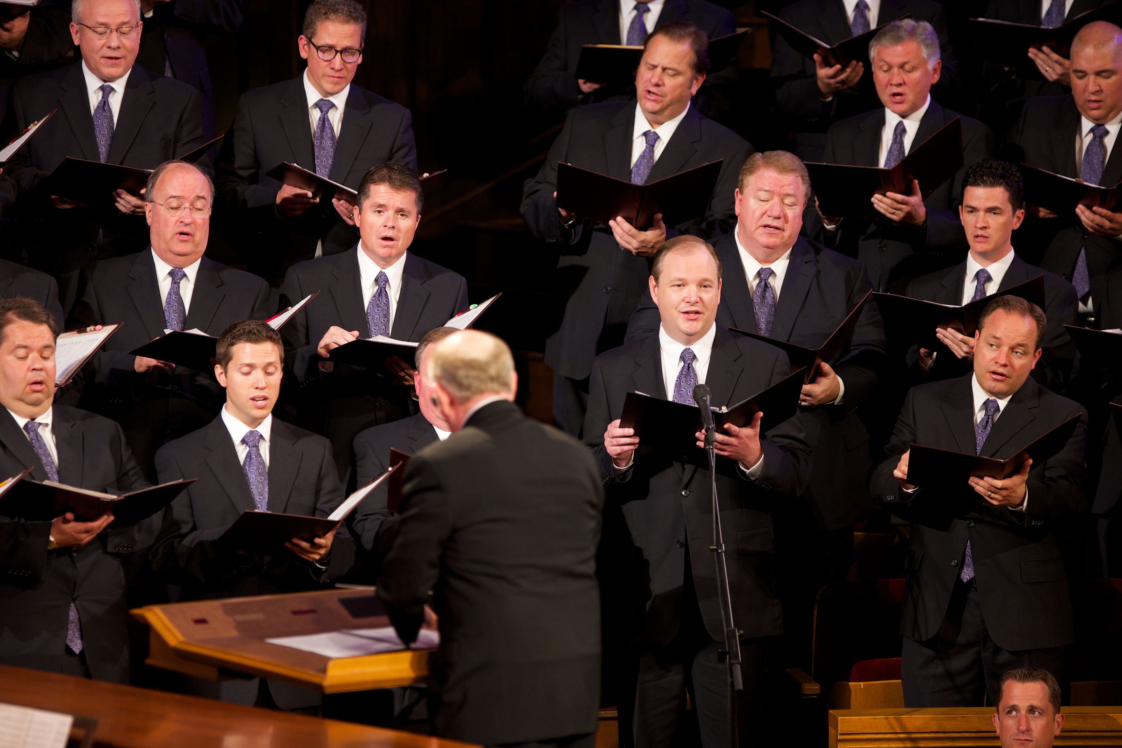 A male member of the Mormon Tabernacle Choir singing a solo at the funeral of President Boyd K. Packer in July 2015.