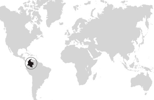 mapa com um círculo a delimitar a Colômbia