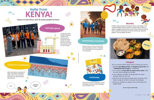 Article PDF with images of Church leaders, people running, flamingos on a lake, and chapati recipe