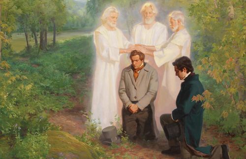 Pierre, Jacques et Jean conférant la Prêtrise de Melchisédek à Joseph Smith et à Oliver Cowdery