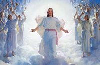 The resurrected Jesus Christ (wearing white robes with a magenta sash) standing above a large gathering of clouds. Christ has His arms partially extended. The wounds in the hands of Christ are visible.