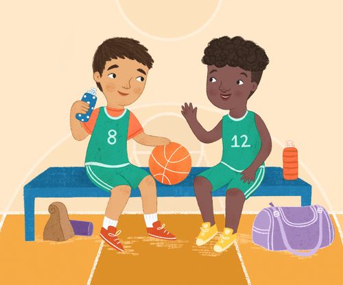 two boys in basketball uniforms; one boy has one hand