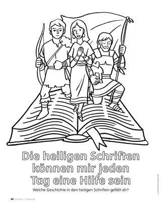 Ausmalbild mit Figuren aus dem Buch Mormon, die aus einem offenen Buch steigen