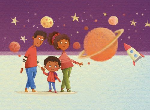 A family holding hands in front of stars and planets