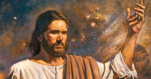 Head and shoulder image of Jesus Christ. Christ is depicted with one arm raised as He participates in the creation of the earth. Galaxies and stars are depicted in the background.