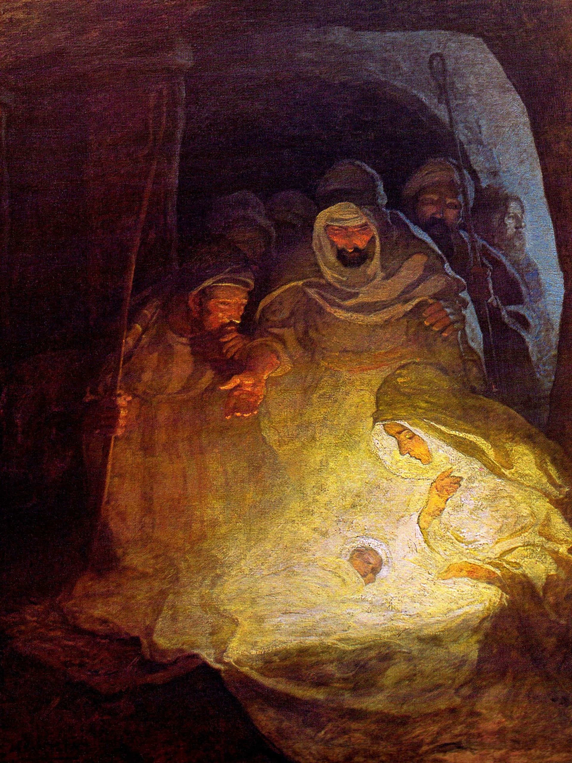 Painting of Mary, Joseph, and the baby Jesus in the stable, with shepherds in the background.