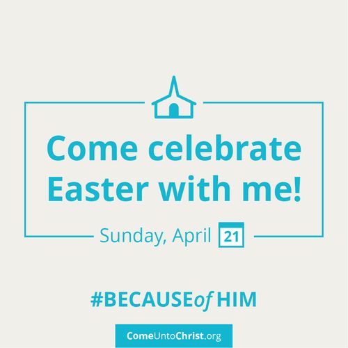 A white background with the text in a graphic box: "Come celebrate Easter with me!"