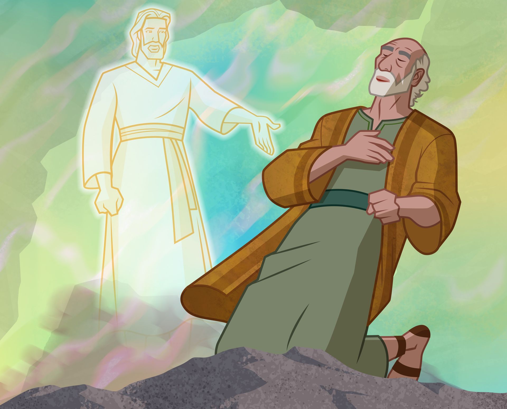 Illustration of the Lord speaking to Elijah. 1 Kings 19:12–13