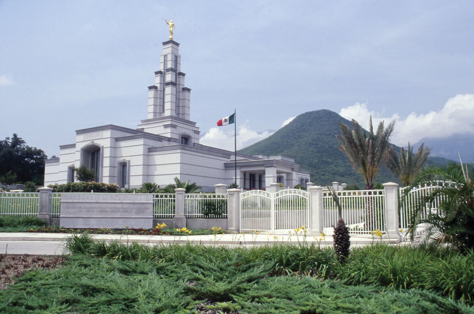 The Monterrey Mexico Temple name sign, including the entrance and scenery.