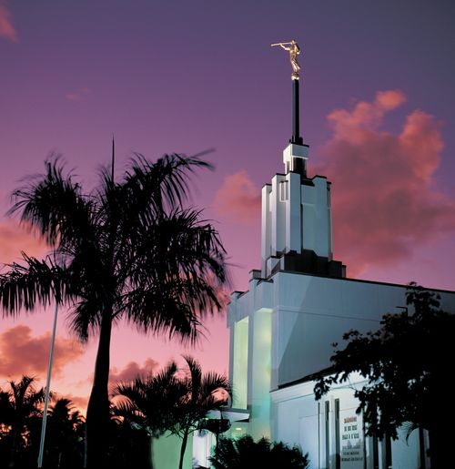 The front of the Nuku‘alofa Tonga Temple in the evening, with a pink and purple sunset overhead and the shadow of a palm tree in the foreground.