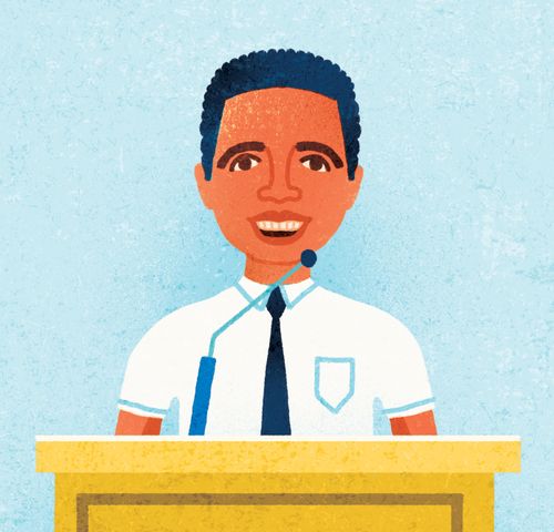 Illustration of Antonio in Sunday clothes at the pulpit at church