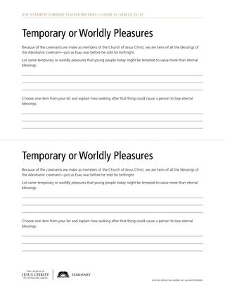 Temporary or Worldly Pleasures handout