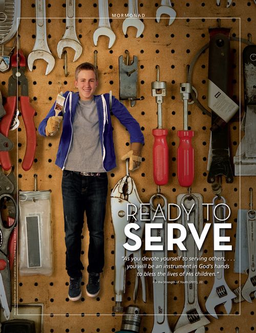 A conceptual photograph of a young man hanging by his arms on a tool board and holding a paintbrush, paired with the words “Ready to Serve.”