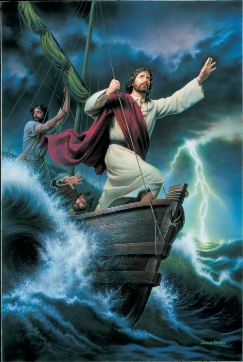 Jesus Christ depicted standing aboard a fishing ship